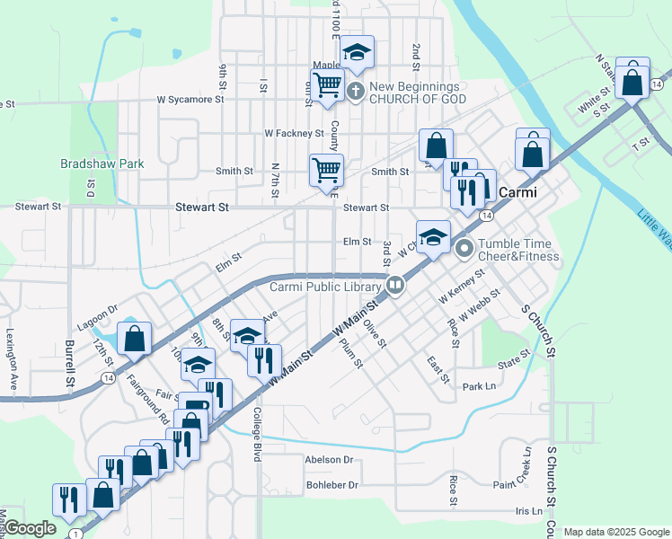 map of restaurants, bars, coffee shops, grocery stores, and more near 450 County Road 1400 North in Carmi