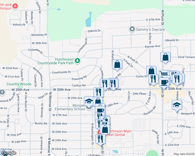 map of restaurants, bars, coffee shops, grocery stores, and more near 10 Whitmore Road in Hutchinson