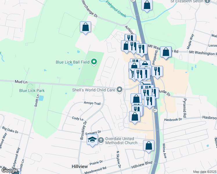 map of restaurants, bars, coffee shops, grocery stores, and more near 4805 Mud Lane in Louisville
