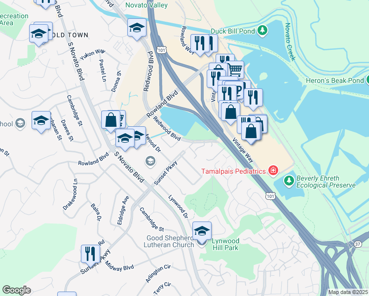 map of restaurants, bars, coffee shops, grocery stores, and more near 14 Scottsdale Way in Novato