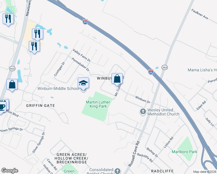 map of restaurants, bars, coffee shops, grocery stores, and more near 1700 Mikan Court in Lexington