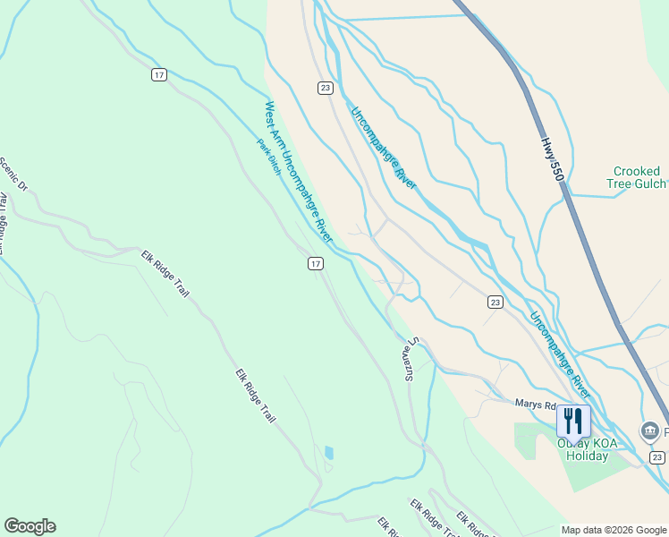map of restaurants, bars, coffee shops, grocery stores, and more near 204 Pine Ridge Drive in Ridgway