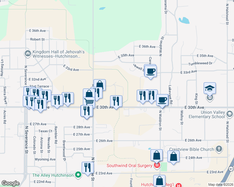 map of restaurants, bars, coffee shops, grocery stores, and more near 6 Monarch Lane in Hutchinson