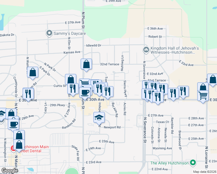 map of restaurants, bars, coffee shops, grocery stores, and more near 42 Tomahawk Road in Hutchinson