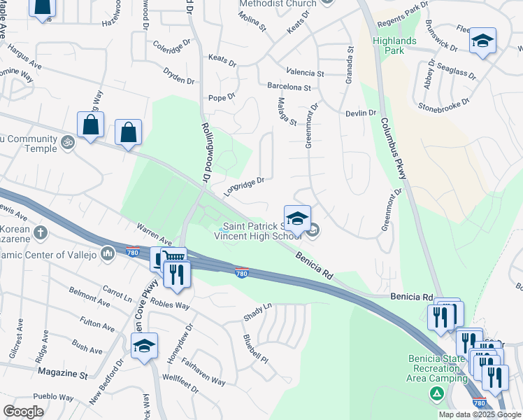 map of restaurants, bars, coffee shops, grocery stores, and more near 275 Crownpointe Drive in Vallejo