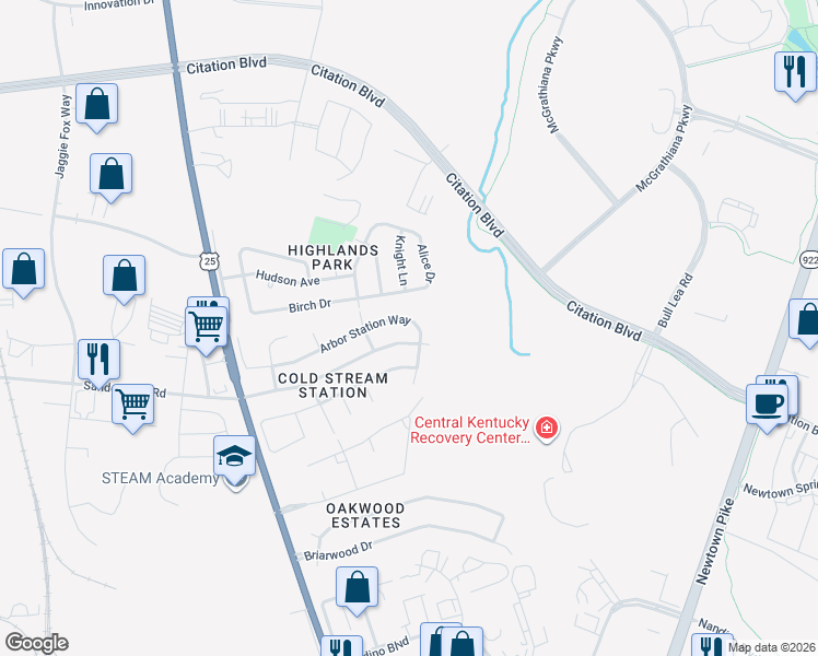 map of restaurants, bars, coffee shops, grocery stores, and more near 1837 Arbor Station Way in Lexington