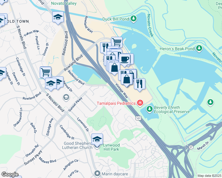 map of restaurants, bars, coffee shops, grocery stores, and more near Redwood Boulevard & Margarita Terrace in Novato