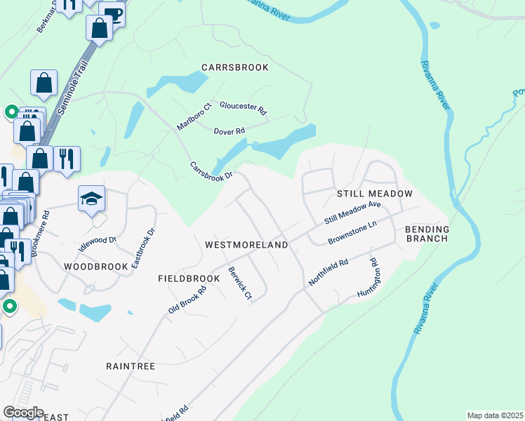 map of restaurants, bars, coffee shops, grocery stores, and more near 409 Carrsbrook Drive in Charlottesville