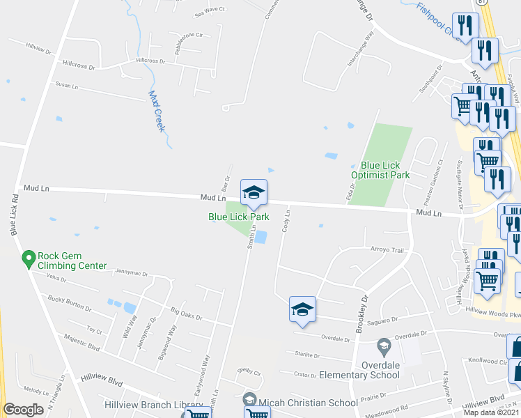 map of restaurants, bars, coffee shops, grocery stores, and more near 4300 Mud Lane in Louisville