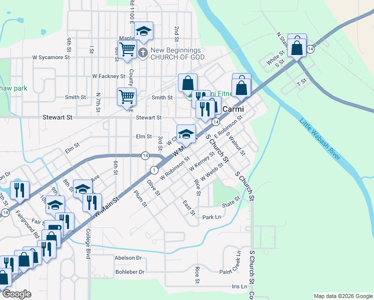 map of restaurants, bars, coffee shops, grocery stores, and more near 205 West Main Street in Carmi