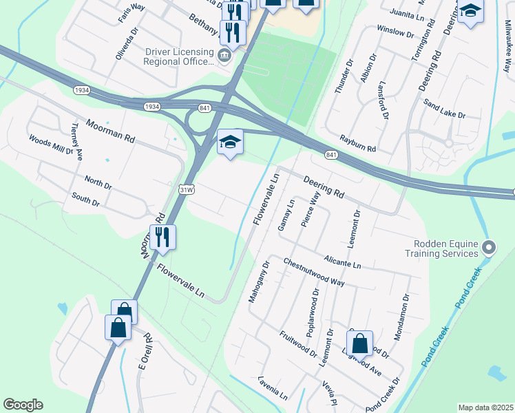 map of restaurants, bars, coffee shops, grocery stores, and more near 11502 Flowervale Lane in Louisville