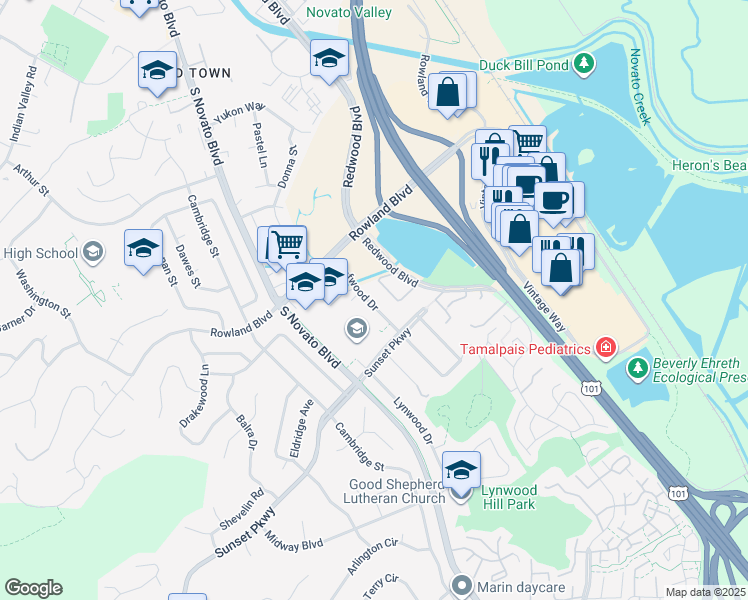 map of restaurants, bars, coffee shops, grocery stores, and more near 1308 Leafwood Drive in Novato