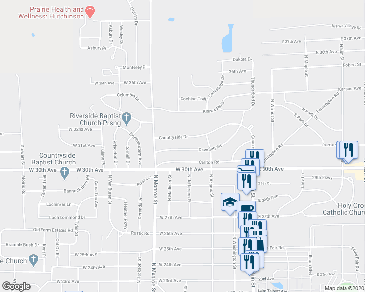 map of restaurants, bars, coffee shops, grocery stores, and more near 114 Downing Road in Hutchinson