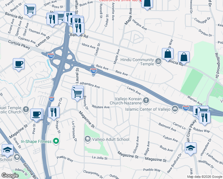 map of restaurants, bars, coffee shops, grocery stores, and more near 396 Alhambra Avenue in Vallejo
