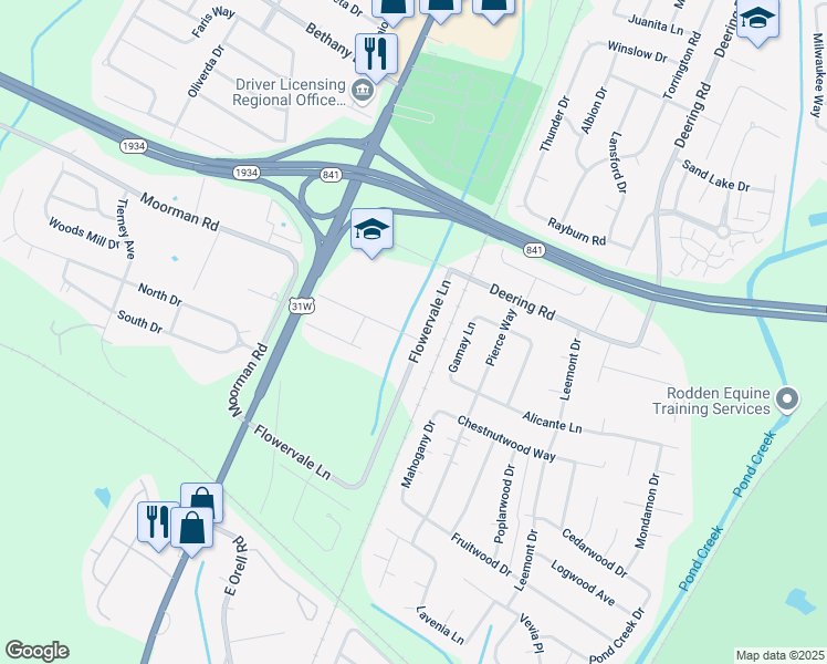 map of restaurants, bars, coffee shops, grocery stores, and more near 11502 Flowervale Lane in Louisville