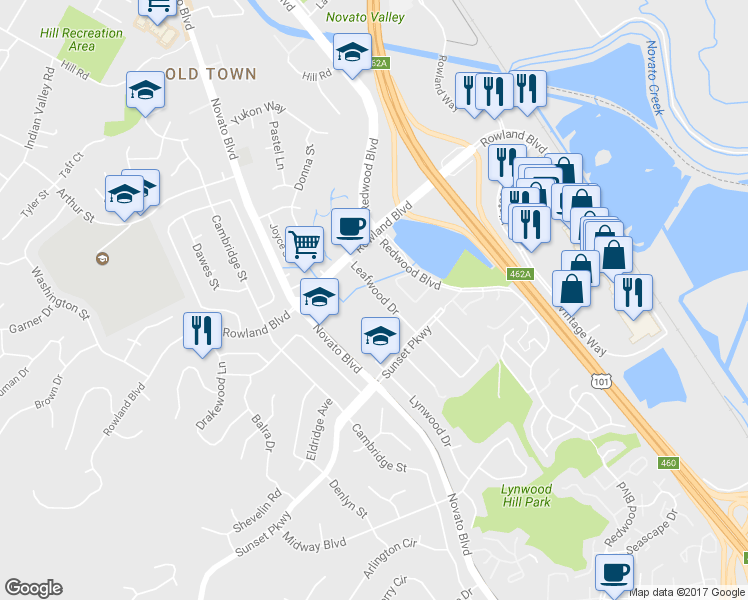 map of restaurants, bars, coffee shops, grocery stores, and more near 1319 Leafwood Drive in Novato