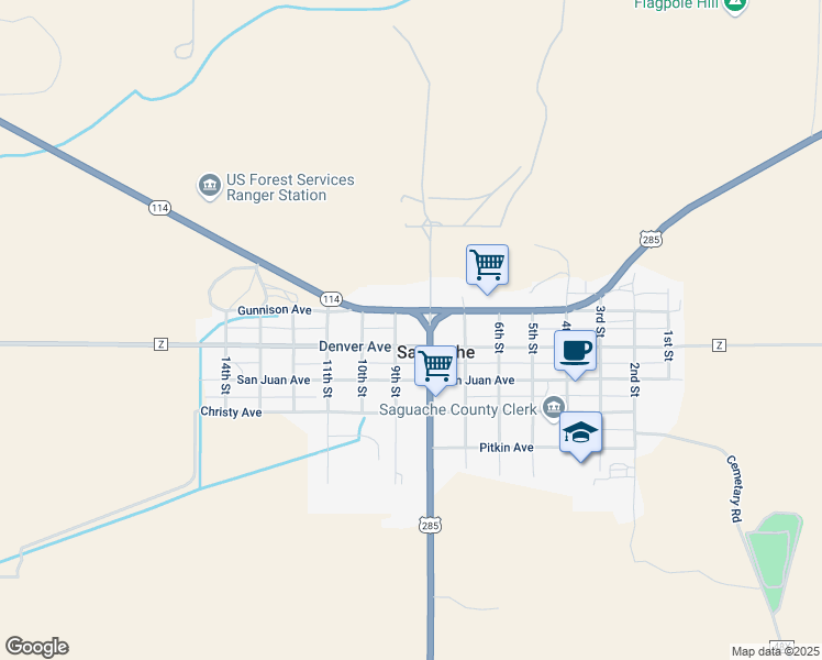 map of restaurants, bars, coffee shops, grocery stores, and more near 810 Denver Avenue in Saguache