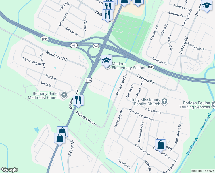 map of restaurants, bars, coffee shops, grocery stores, and more near 6006 Lewis Way in Louisville