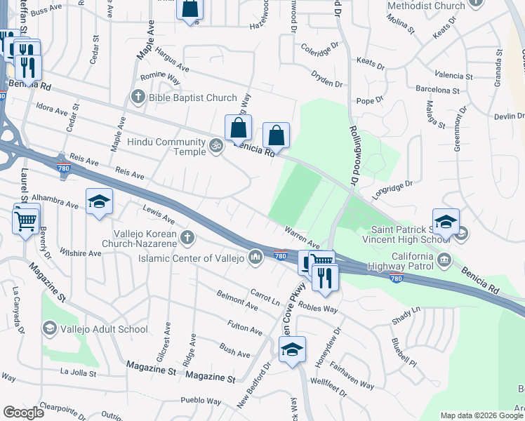 map of restaurants, bars, coffee shops, grocery stores, and more near 1152 Warren Avenue in Vallejo