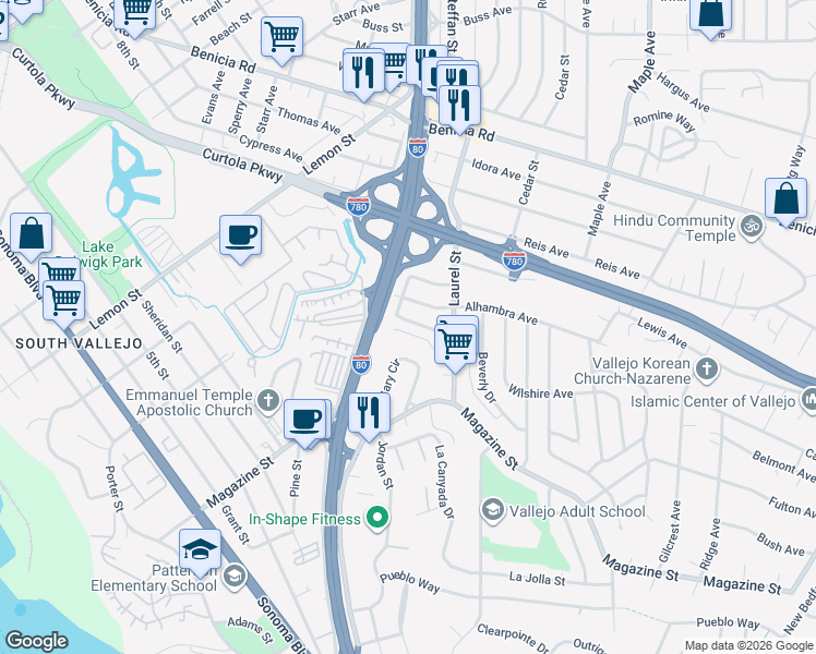 map of restaurants, bars, coffee shops, grocery stores, and more near 109 Laguna Street in Vallejo