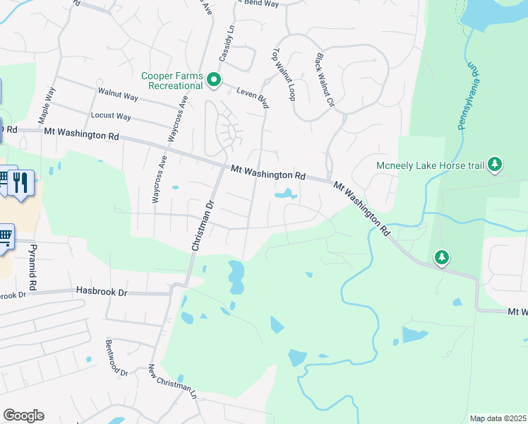 map of restaurants, bars, coffee shops, grocery stores, and more near 10910 Hidden Trail Court in Louisville