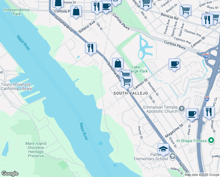 map of restaurants, bars, coffee shops, grocery stores, and more near 501 3rd Street in Vallejo