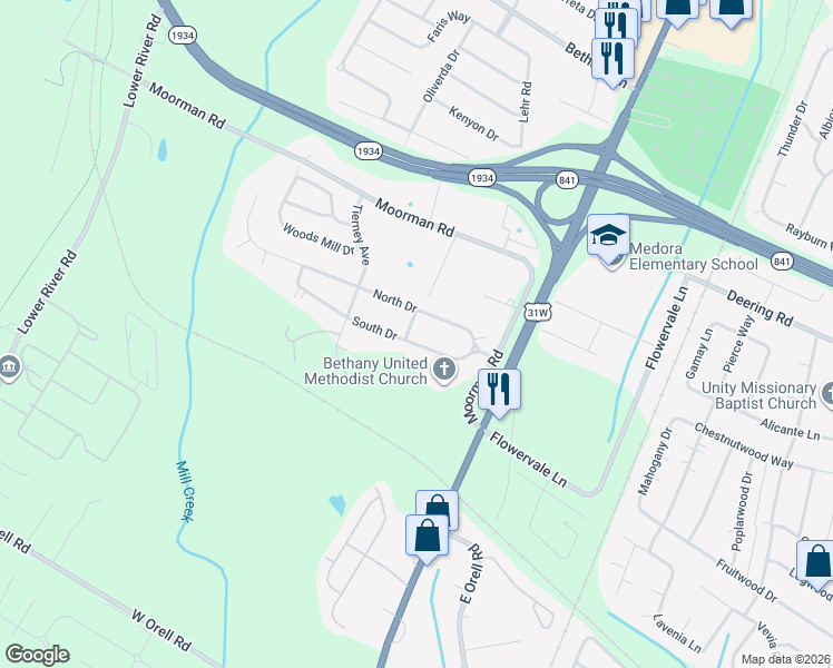 map of restaurants, bars, coffee shops, grocery stores, and more near 6421 South Drive in Louisville