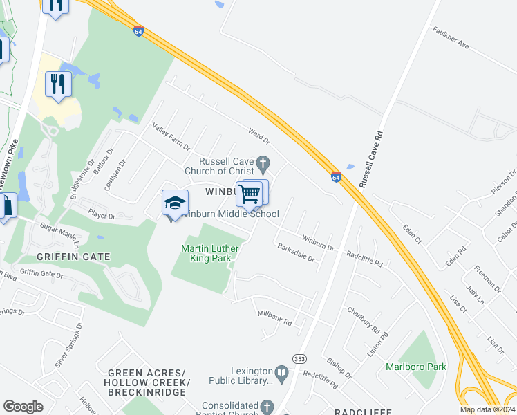 map of restaurants, bars, coffee shops, grocery stores, and more near 1199 Winburn Drive in Lexington