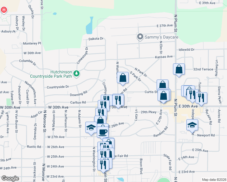 map of restaurants, bars, coffee shops, grocery stores, and more near 3101 North Walnut Street in Hutchinson