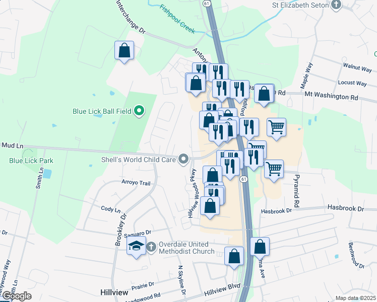 map of restaurants, bars, coffee shops, grocery stores, and more near 10960 Southgate Manor Drive in Louisville