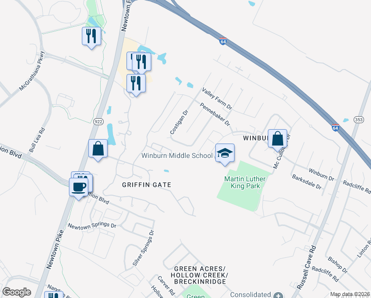 map of restaurants, bars, coffee shops, grocery stores, and more near 1816 Costigan Drive in Lexington