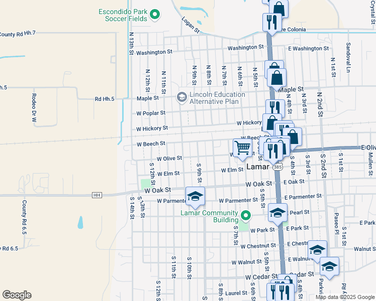 map of restaurants, bars, coffee shops, grocery stores, and more near 103 South 10th Street in Lamar