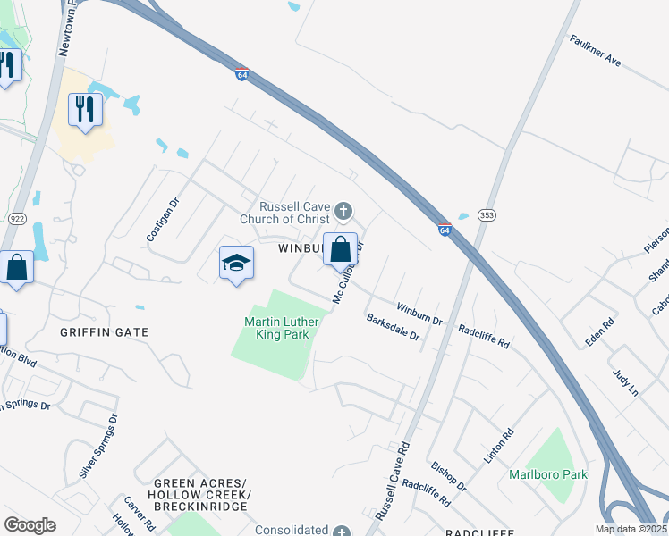 map of restaurants, bars, coffee shops, grocery stores, and more near Winburn Drive in Lexington