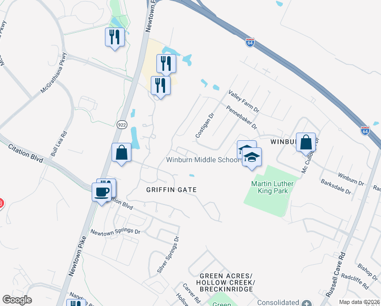 map of restaurants, bars, coffee shops, grocery stores, and more near 1520 Player Drive in Lexington