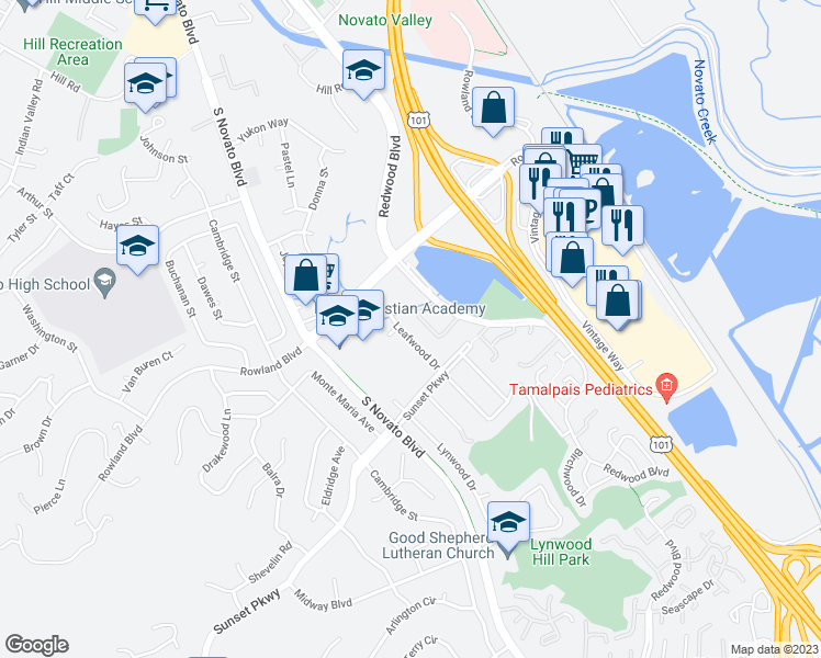 map of restaurants, bars, coffee shops, grocery stores, and more near 1310 Leafwood Drive in Novato