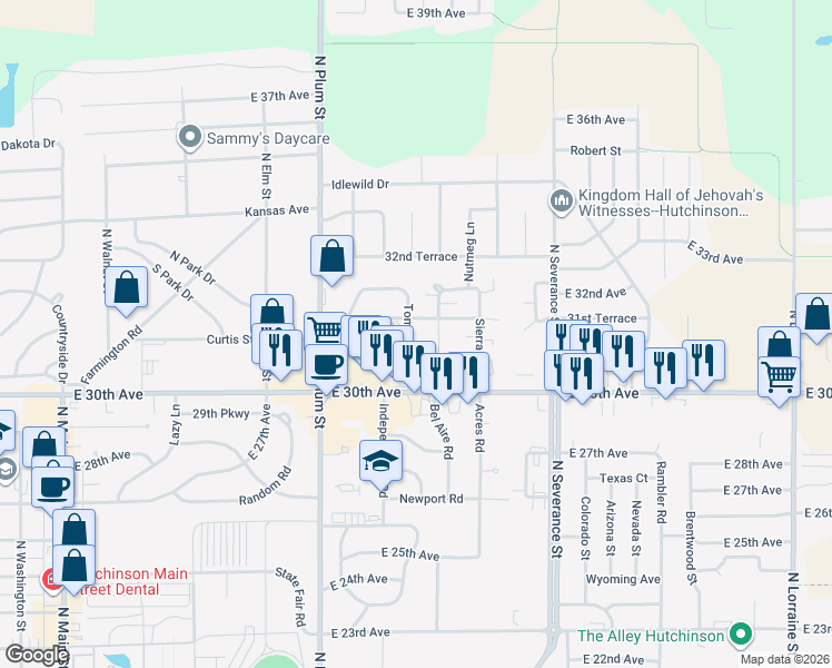map of restaurants, bars, coffee shops, grocery stores, and more near 42 Tomahawk Road in Hutchinson