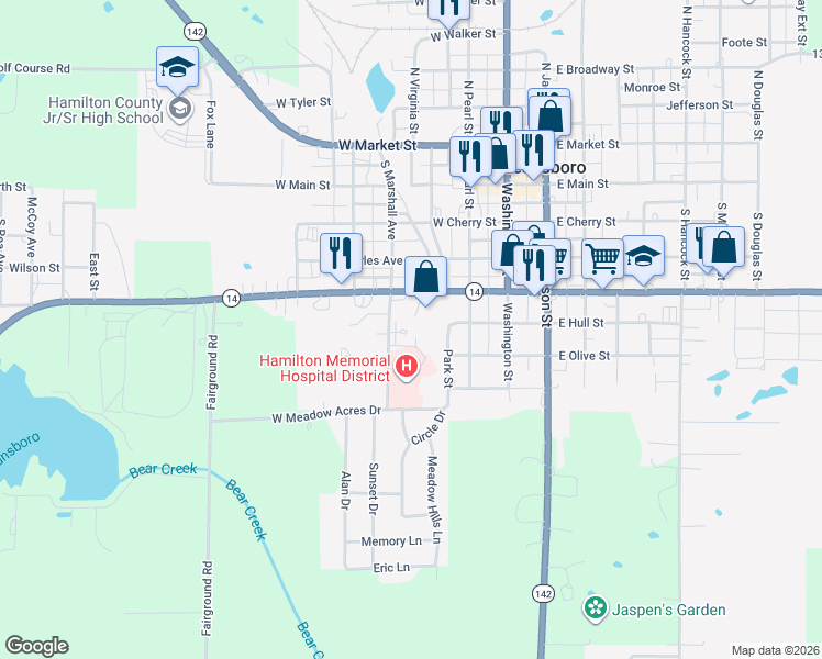 map of restaurants, bars, coffee shops, grocery stores, and more near 601-699 South Marshall Avenue in McLeansboro