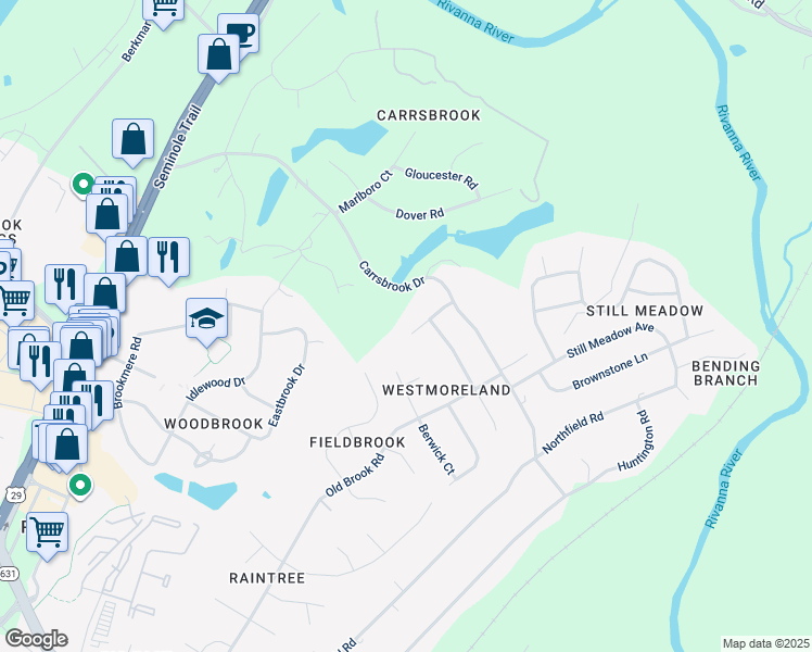 map of restaurants, bars, coffee shops, grocery stores, and more near 111 Carrsbrook Court in Charlottesville