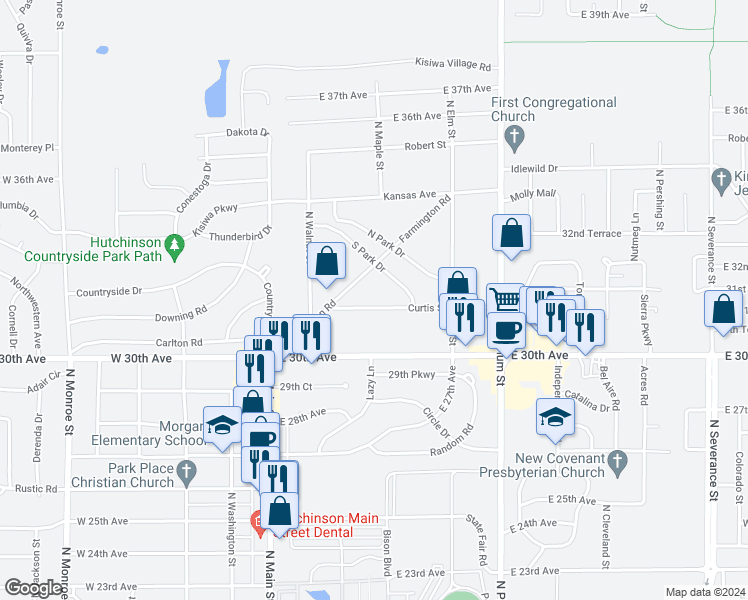 map of restaurants, bars, coffee shops, grocery stores, and more near 212 Curtis Street in Hutchinson