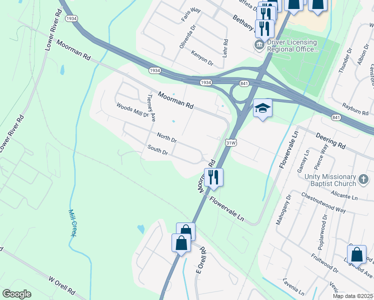 map of restaurants, bars, coffee shops, grocery stores, and more near 6409 South Drive in Louisville