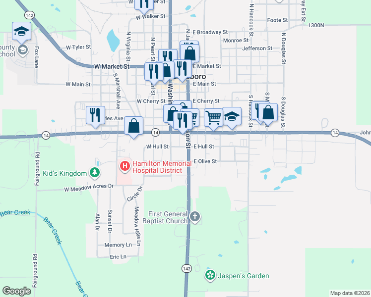 map of restaurants, bars, coffee shops, grocery stores, and more near Olive St in McLeansboro