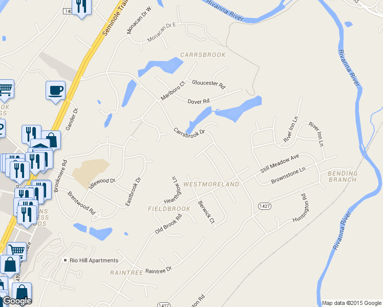 map of restaurants, bars, coffee shops, grocery stores, and more near 111 Carrsbrook Court in Charlottesville