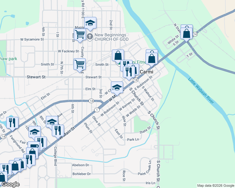 map of restaurants, bars, coffee shops, grocery stores, and more near 205 West Main Street in Carmi