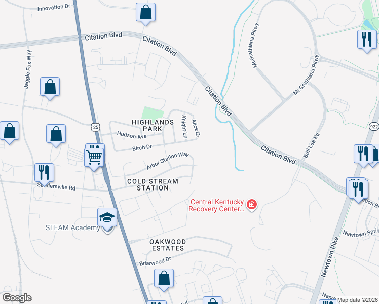 map of restaurants, bars, coffee shops, grocery stores, and more near 1837 Arbor Station Way in Lexington
