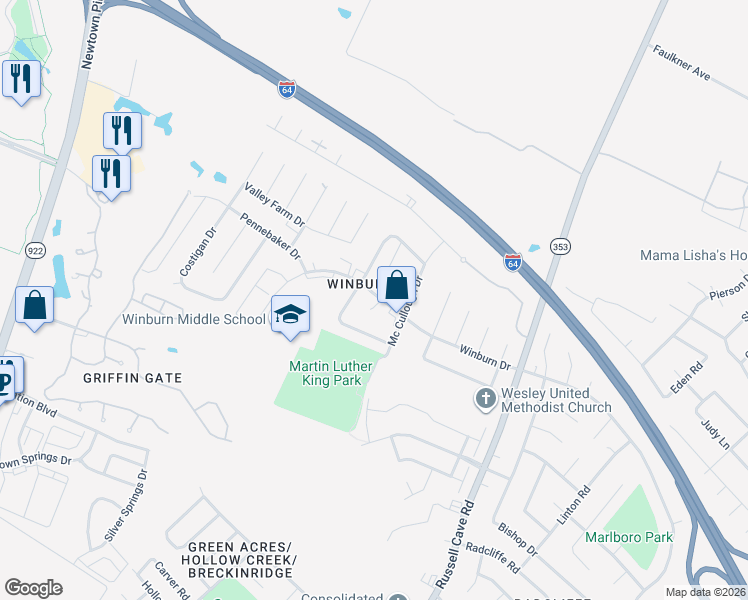 map of restaurants, bars, coffee shops, grocery stores, and more near 1700 Mikan Court in Lexington