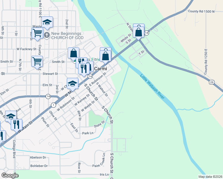 map of restaurants, bars, coffee shops, grocery stores, and more near 401-411 Sherwood Road in Carmi