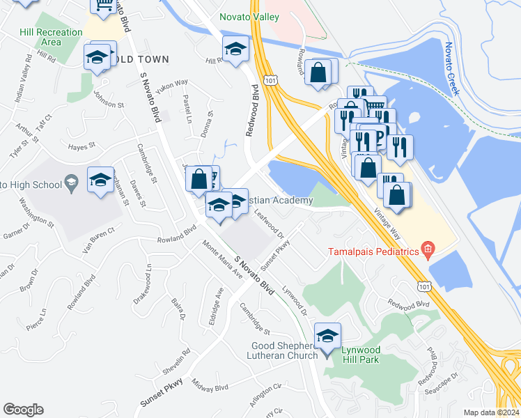 map of restaurants, bars, coffee shops, grocery stores, and more near 1319 Leafwood Drive in Novato