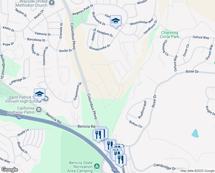 map of restaurants, bars, coffee shops, grocery stores, and more near 8094 Waterfall Lane in Vallejo