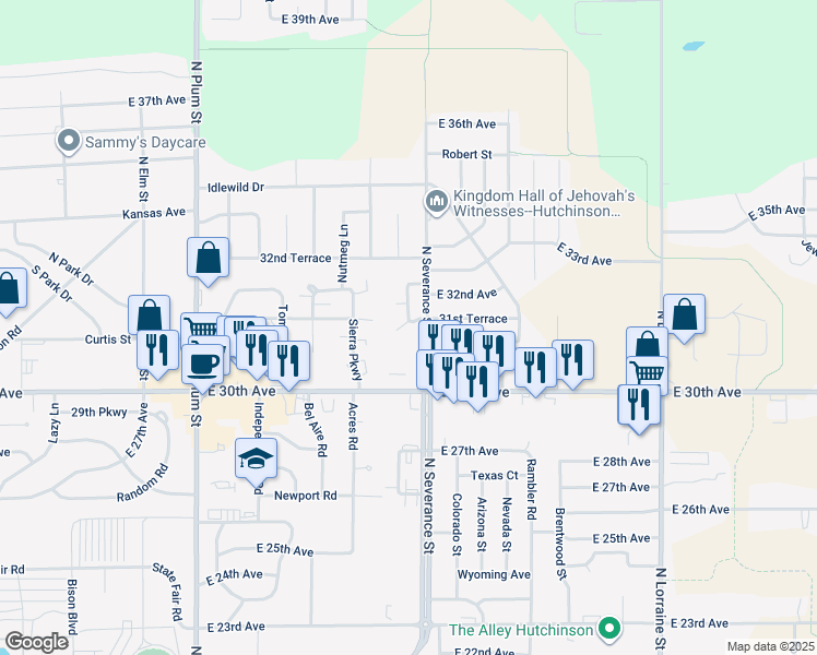 map of restaurants, bars, coffee shops, grocery stores, and more near 3107 Belmont Street in Hutchinson