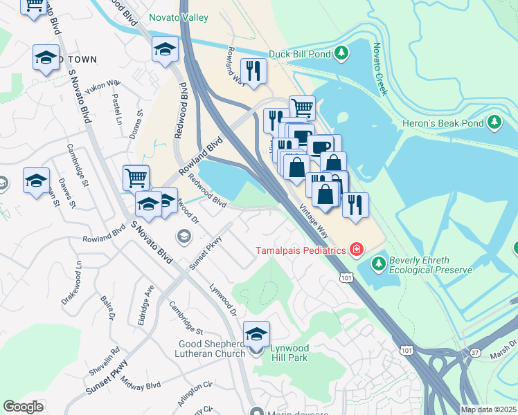 map of restaurants, bars, coffee shops, grocery stores, and more near Redwood Blvd & Lakeview Ct in Novato